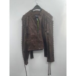 NWT Dolls Kill Darker Wavs Warp Spiked Jacket Women's 2XL Brown Vegan Leather